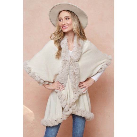 Sweaters - SOLD OUT Ivory Solid Faux Fur Trimmed Knit Sweater Cape Poncho Shawl Cardigan